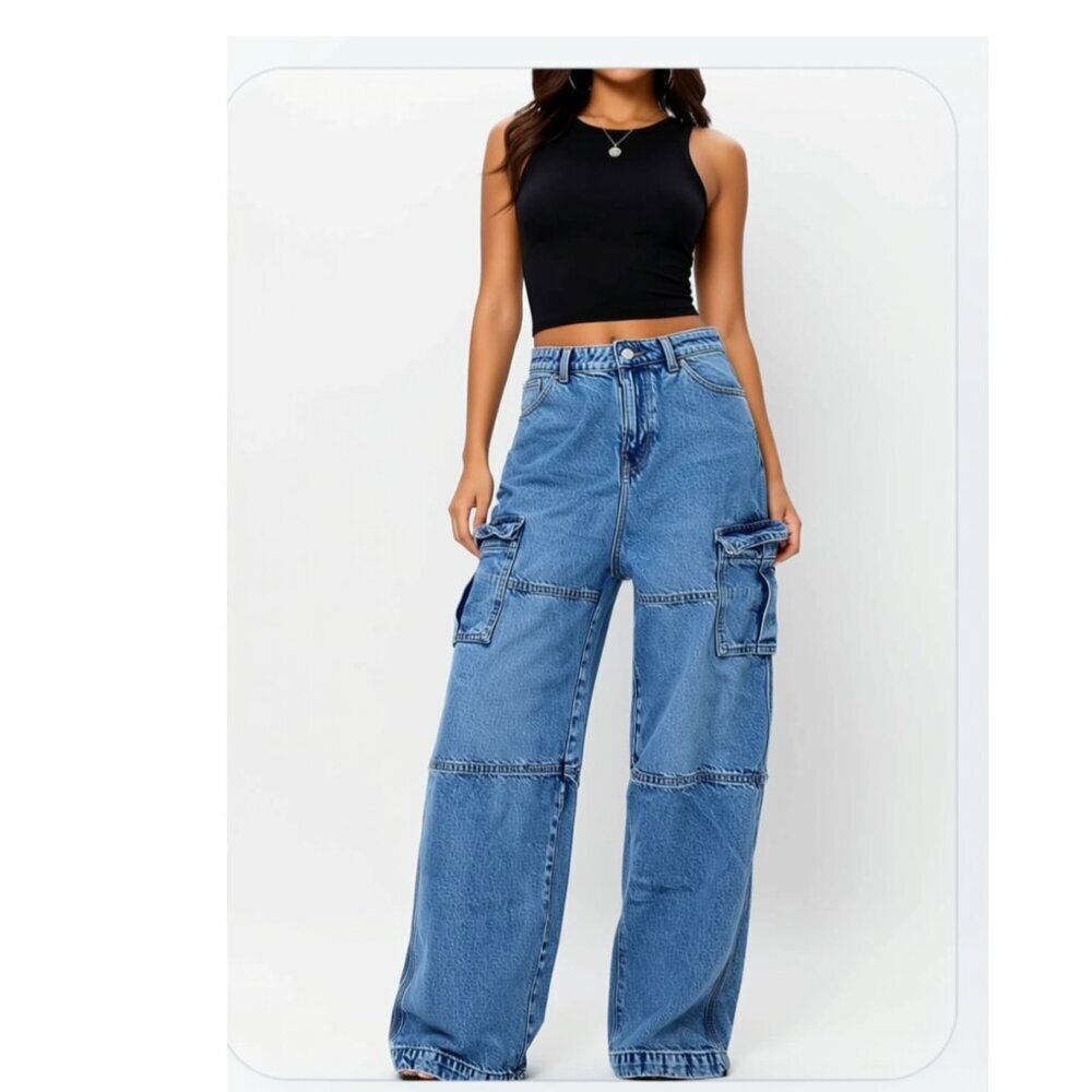 H&M Divided 90’s Baggy Cargo Jeans Black High Waist Wide Leg Size 0